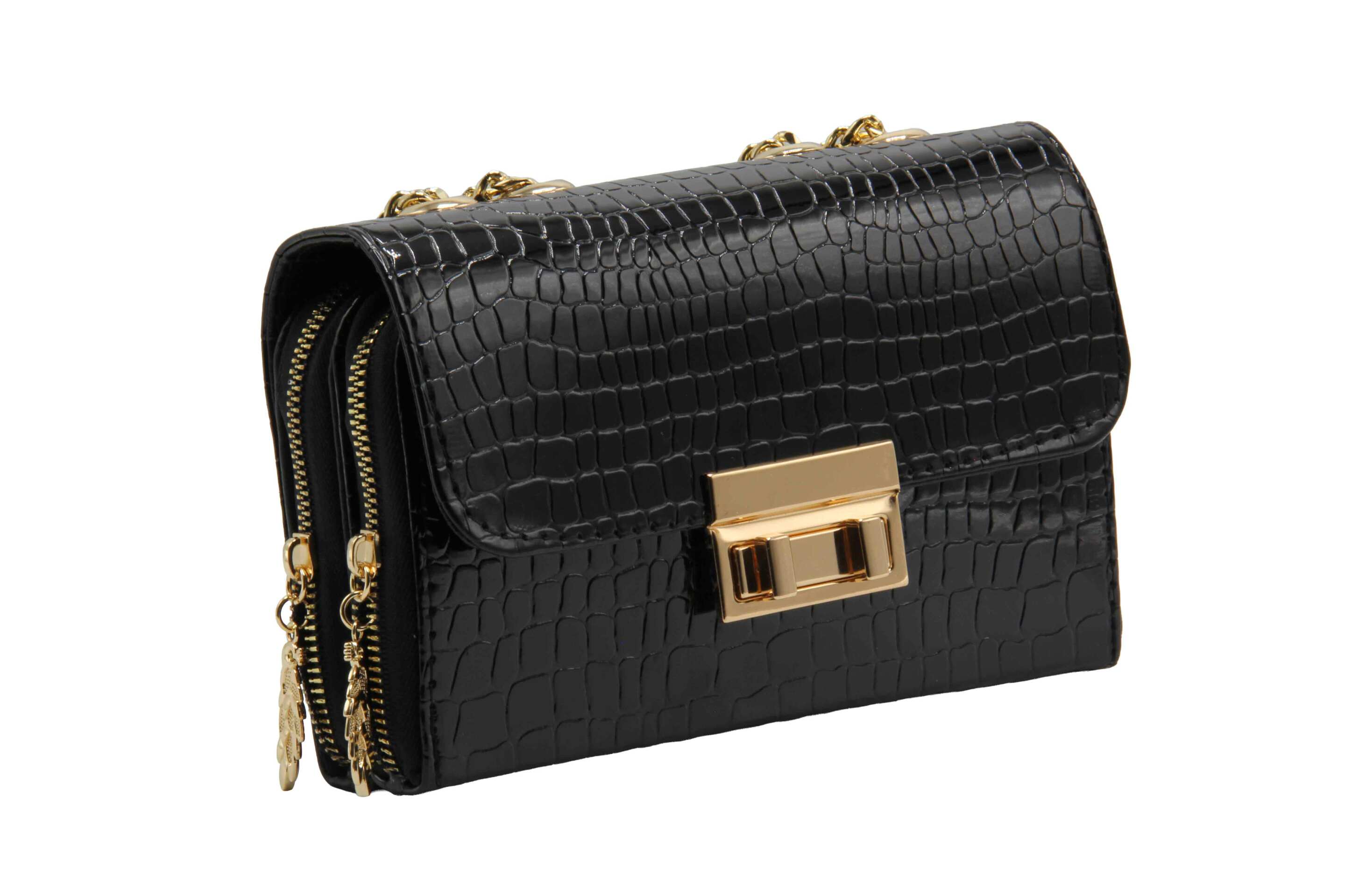  کیف زنانه پاس مدل ۴۳ ورنی دو قفل مجلسی با بند زنجیری | خرید عمده کیف 