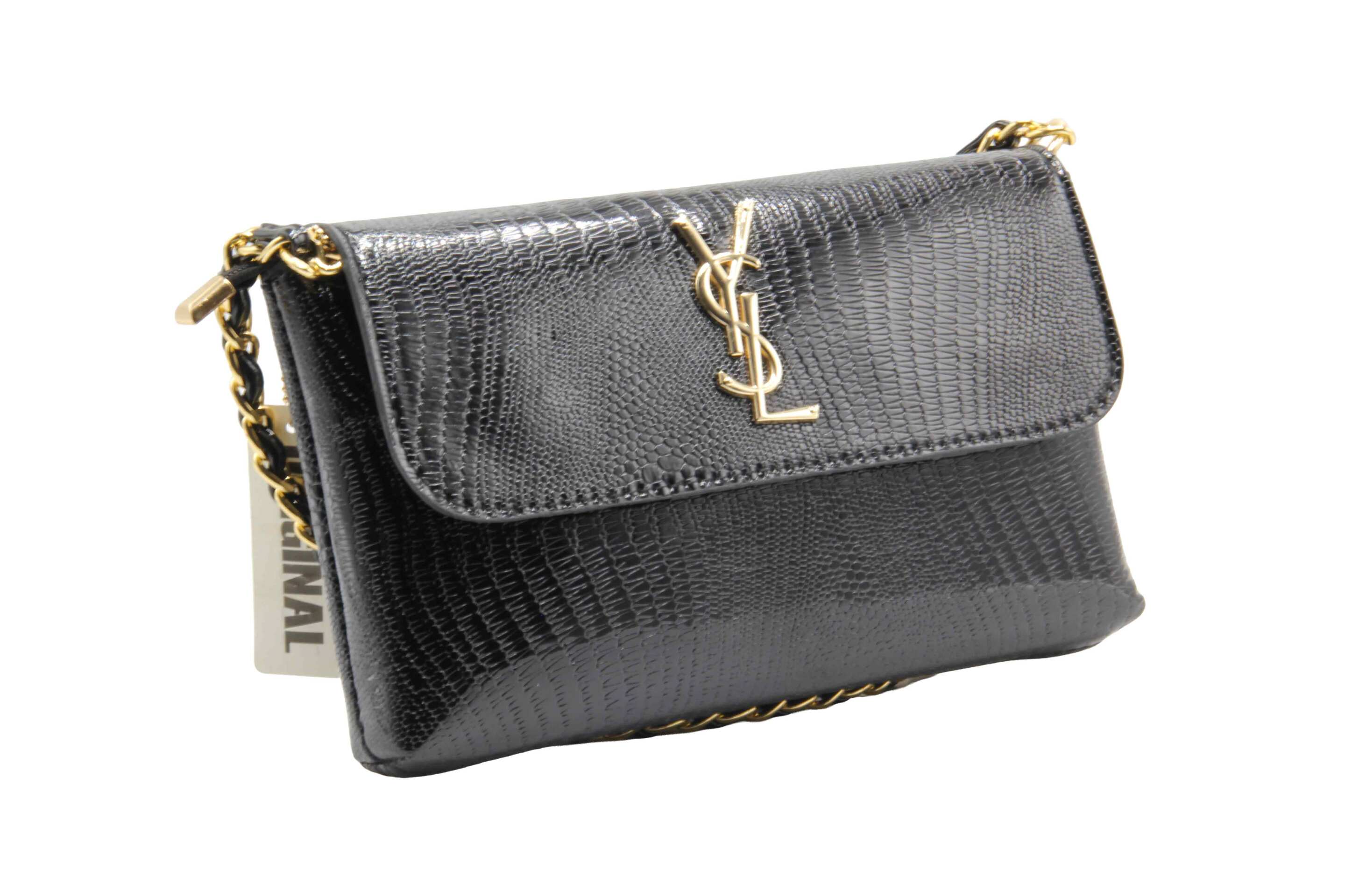 نمای نزدیک کیف مجلسی ورنی خارجی مدل ۴۳ YSL با زنجیر بافت‌دار ویژه مغازه‌داران و خریداران عمده. 